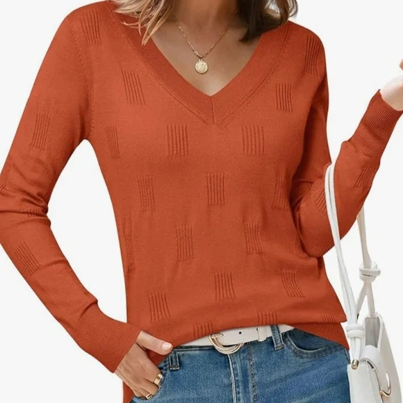 Arach&Cloz Women's Soft V Neck Long Sleeve Light Weight Sweater Tops - Picture 2 of 3